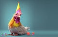 Creative animal concept. chicken hen in party cone hat necklace bowtie outfit isolated on pastel background Generative AI