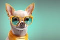 Creative animal concept.Chihuahua dog puppy in sunglass shade glasses isolated on solid pastel background Generative AI Royalty Free Stock Photo
