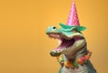 Creative animal concept. Crocodile alligator in party cone hat necklace bowtie outfit isolated on pastel background Generative AI