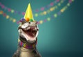 Crocodile alligator in party cone hat necklace bowtie outfit isolated on solid pastel background advertisement