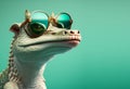 Creative animal concept. Crocodile alligator in sunglass glasses isolated on pastel background. copy space text Generative AI