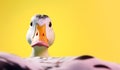 Duck bird peeking over pastel bright background. advertisement
