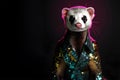 Ferret in disco neon glitter glam shiny glow sequin outfit, copy text space.