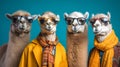 Gang family of camel in vibrant bright fashionable outfits, commercial, editorial advertisement