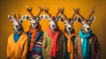 Gang family of deer in vibrant bright fashionable outfits, commercial, editorial advertisement
