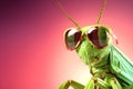 Grasshopper insect in sunglass shade glasses isolated on solid pastel background