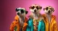 Group of meerkats in funky Wacky wild mismatch colourful outfits isolated on bright background advertisement Royalty Free Stock Photo