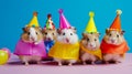 Creative animal concept. Hamsters in a group vibrant in brightly colored capes and hats on colored background