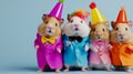 Creative animal concept. Hamsters in a group vibrant in brightly colored capes and hats on colored background