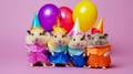 Creative animal concept. Hamsters in a group vibrant in brightly colored capes and hats on colored background