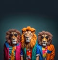 Lion in a group, vibrant bright fashionable outfits isolated on solid background advertisement