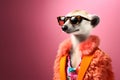 Meerkat in glam fashionable couture high end outfits isolated on bright background advertisement