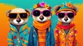 Creative animal concept. Meerkat in a group, vibrant bright fashionable outfits isolated on solid background, AI-generated