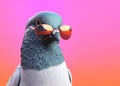 Creative animal concept. pigeon bird in sunglass shade glasses isolated on solid pastel background. copy space text Generative AI