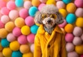 Poodle dog puppy in luxury lush coat outfits isolated on colourful bubble balls habitat background