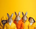 Rabbit bunny in a group, vibrant bright fashionable outfits isolated on solid background advertisement