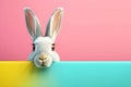 Creative animal concept. Rabbit hare bunny peeking over pastel bright background. Generative AI