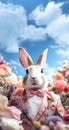 Rabbit hare bunny in smart suit, surrounded in a surreal garden full of blossom flowers floral landscape