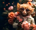 Tarsier in smart suit, surrounded in a surreal garden full of blossom flowers floral landscape