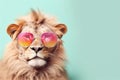 Creative animal hipster background. Lion wearing colored shaded sunglass. AI generated.