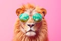 Creative animal hipster background. Lion wearing colored shaded sunglass. AI generated.