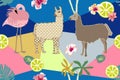 Creative animal print. Seamless vector pattern with llamas, flamingos and flowers. Royalty Free Stock Photo