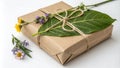 A creative approach to giftwrapping using a large leaf as natural wrapping material enveloping a small box within. The Royalty Free Stock Photo