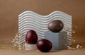 Easter Egg Display with Geometric Shapes and natural Background Royalty Free Stock Photo