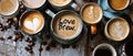 A Creative Arrangement Of Coffee Cups With Latte Art Forming The Text Love Brew