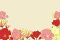 Creative arrangement of colorful flowers on brown background.