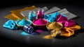 A vibrant display of colorful powders and fabrics on a dark surface Royalty Free Stock Photo