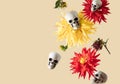 Creative arrangement with floating and levitating human skulls and various flowers against pastel beige background. Minimal