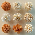 A collection of nine popcorn and flower spheres on a light surface Royalty Free Stock Photo