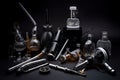 creative arrangement of smoking devices, including vaporizers and pipes, on black background