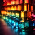 Stacked translucent glass cubes with colorful reflections