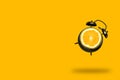 Creative art collage flying alarm clock with orange fruit slice on a orange background, summer bright poster