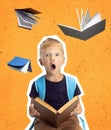 Creative art collage of surprised little boy with shocked expression reading book, story isolated over orange background Royalty Free Stock Photo