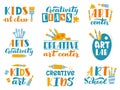 Creative art lettering. Kids art class or studio handwritten labels, children creativity center calligraphic elements