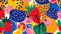 a colorful painting of fruit on a blue background AIG50