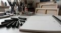 Art Studio Workspace with Paints and Canvas Royalty Free Stock Photo