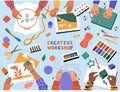 Creative art workshop, children cutting paper, drawing, knitting, embroidery, top view Royalty Free Stock Photo