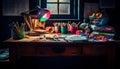 Creative artist desk showcases chaotic yet colorful still life painting generated by AI