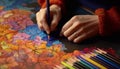 Creative artist holding multi colored pencils, painting on paper with craft generated by AI