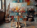 Creative artist workplace oil painting still life of colorful bouquet of flowers and artist's shoes on the table Royalty Free Stock Photo