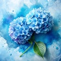 Creative image of pastel blue Hydrangea flowers on artistic ink background. Top view with copy space Royalty Free Stock Photo
