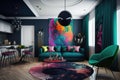 creative and artistic room, with a modern and stylish design, featuring bold colors and contemporary furniture