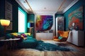 creative and artistic room, with a modern and stylish design, featuring bold colors and contemporary furniture