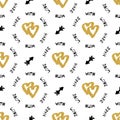 Creative artistic seamless pattern Hand-drawn gold hearts, black cupid s arrow