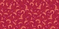 Creative, artistic small monogram leaves and tiny branches berries scattered randomly in a seamless pattern. Monochrome burgundy,