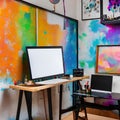 A creative artists workspace with colorful paint splatters, an adjustable easel, and inspiring wall art5, Generative AI